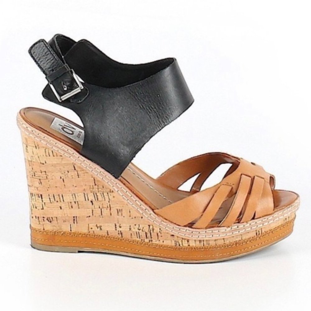 Dolce Vita Color Block Black and Tan Wedge Platform Sandals